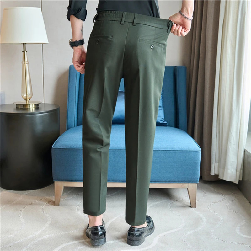 Summer thin Naples casual mens clothing high-end dark green suit pants drawstring cool non ironing fabric elastic waist 240828