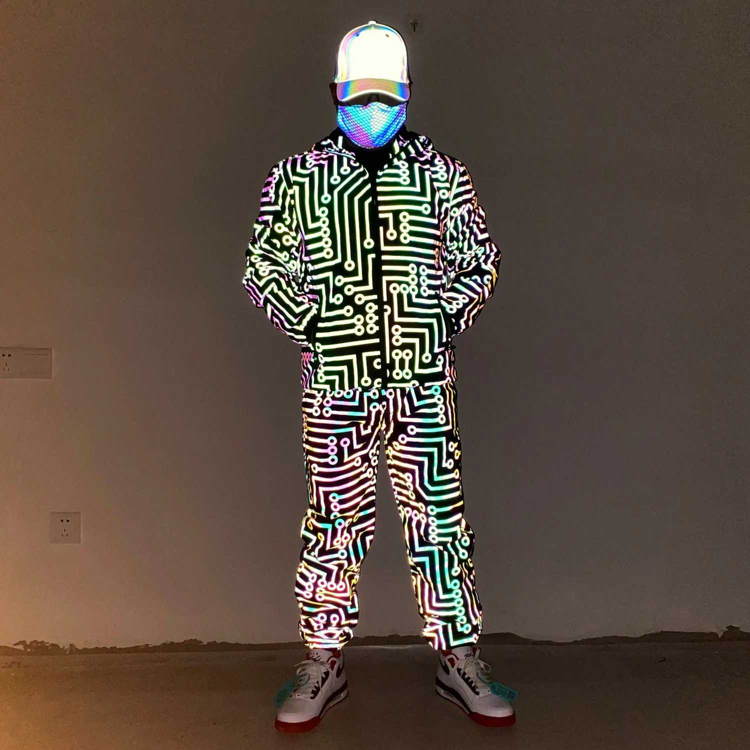 Geometric Circuit Colorful Reflective Jacket Men Women Street Casual Coat Hip Hop Punk Jackets 240815