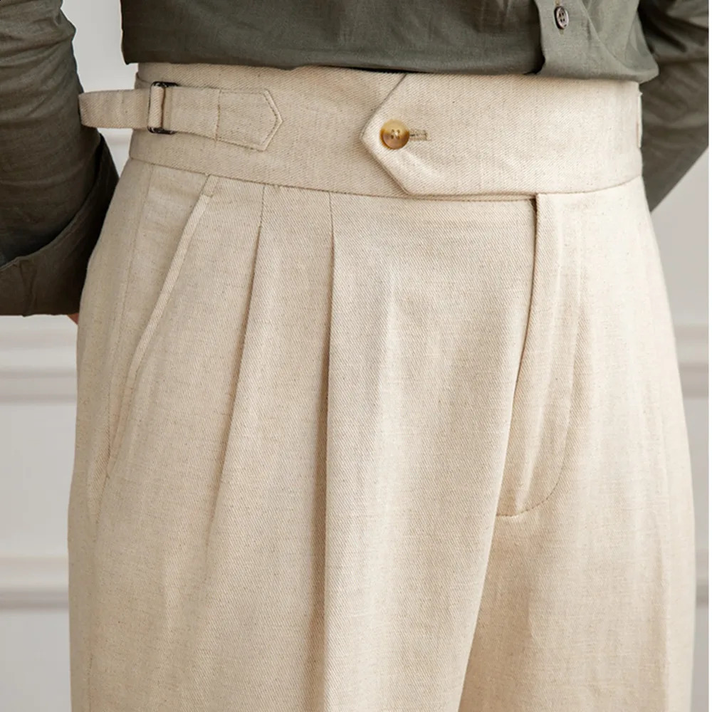 Linen cotton high waisted straight casual pants for men vintage Neapolitan gentlemen pleated pants high-quality Italian dresses Trouser 240828