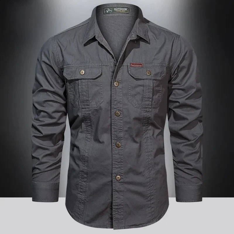 Autumn Military Style Cotton Pocket Shirt for Men Solid Color Slim Casual Clothing Men Long Sleeve Shirts 5XL 240827