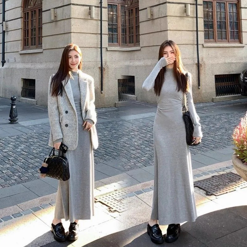 High neck pleated dress fashionable Korean version long sleeved slim fit simple temperature ski 240828