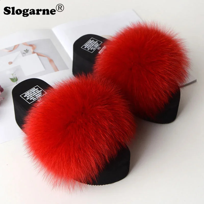 Womens modern fox fur slider womens fashionable outdoor fur slider 5cm thick soled summer platform shoes womens high heels flip cover 240827