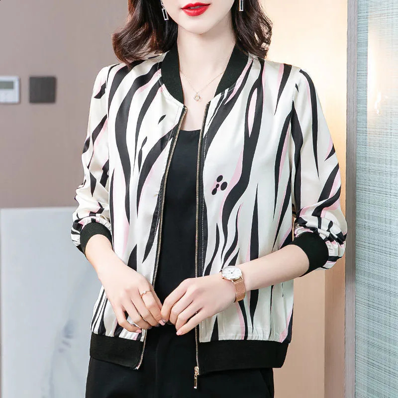 Spring/Summer Fashion Trend Silk Short Round Neck Printed Loose Edition Large Casual Jacket Long Sleeve Coat 240827