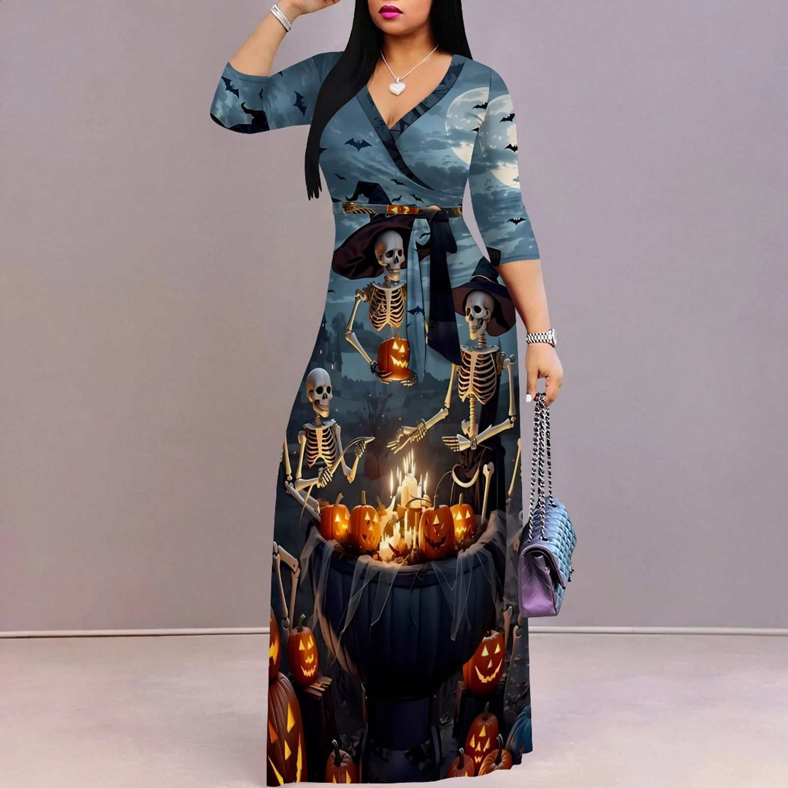 Ladies Halloween party elements printed long sleeved V-neck high waisted long skirt autumn city fashion stunning dress 240827