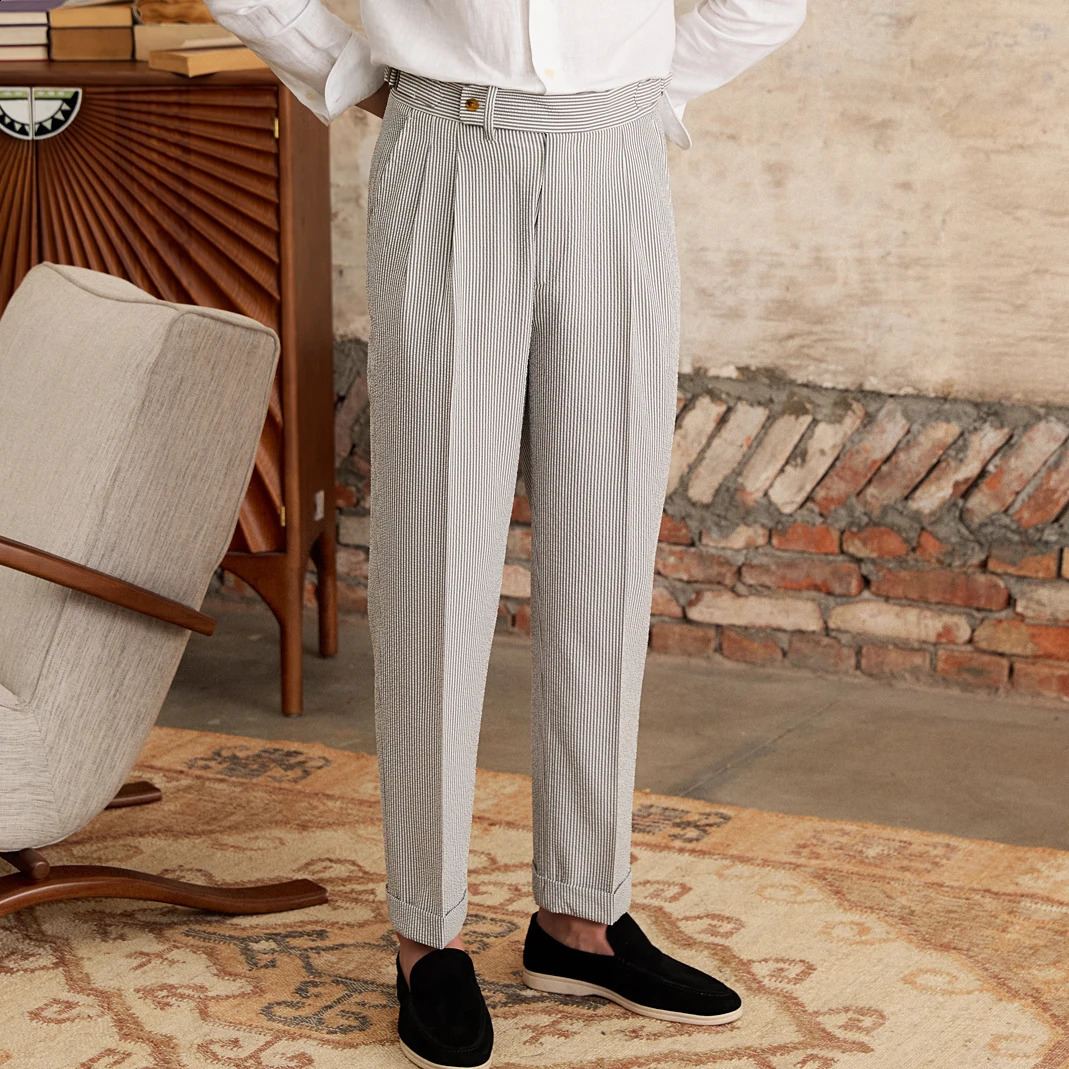 Summer Bubble Wrap Striped High Waist Straight Leg Pants Naples Breathable Thin Casual Set Pants 240828