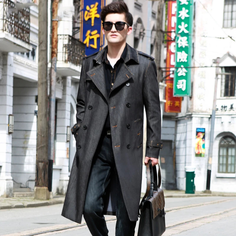 Denim long trench coat over the knee double breasted British Autumn and winter thickened warm retro classic mens windbrea 240828CJ - view 6