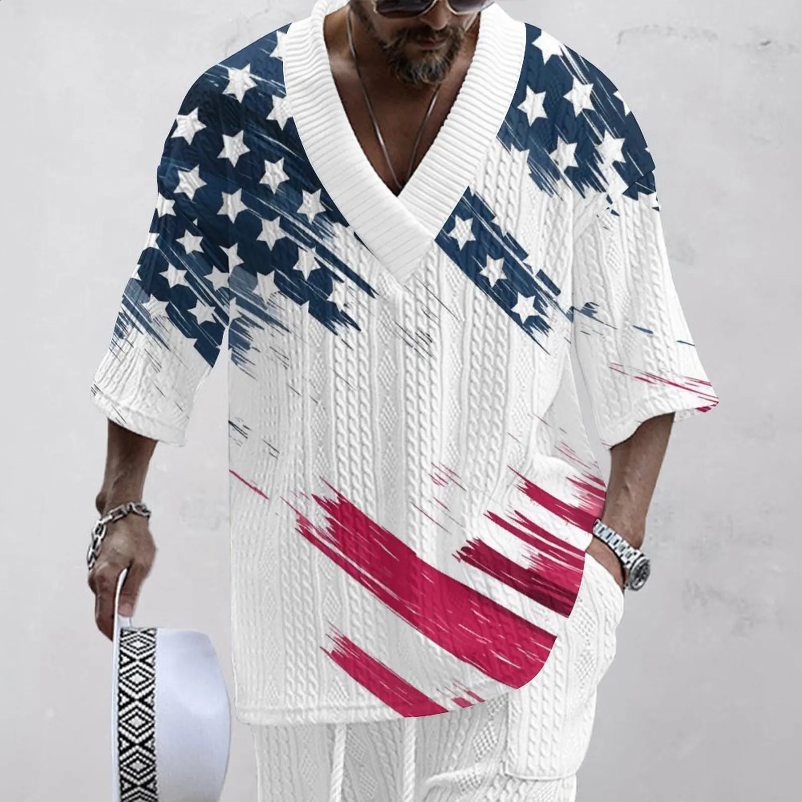 Mens Independence Day 3D Printing Heavy Duty Workday Momato Casual Sportswear Vneck Two Piece Set 240827