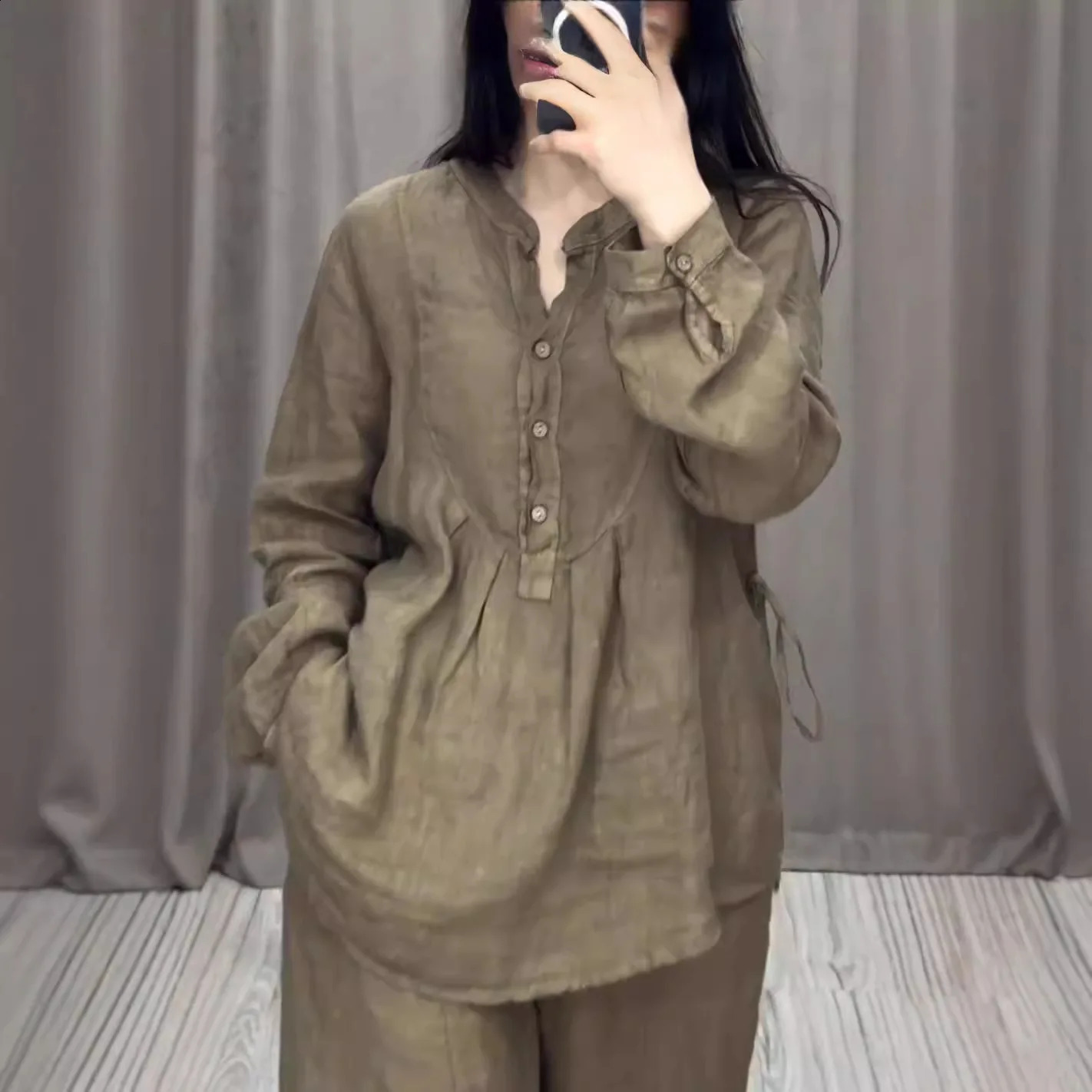 Cotton and linen 2pieceset womens half open collar button long sleeved loose shirt wide leg pants 2piece set mens 240827