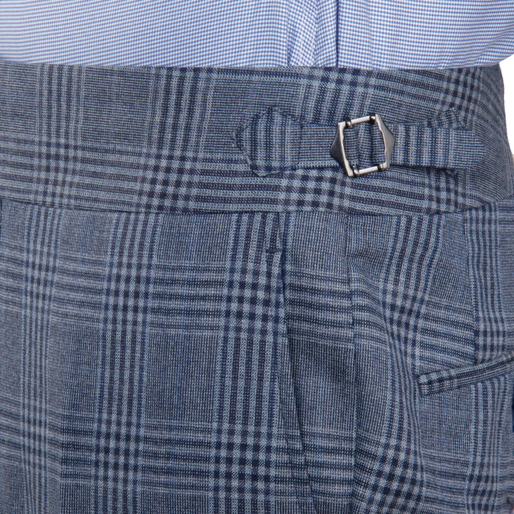 Italian Neapolitan style custom Trouser large elongated label fastening strap thick waistband side adjustable blue grey plain weave tailor 240828
