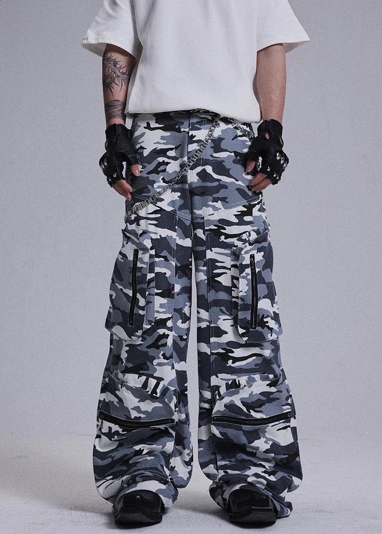 Camouflage zipper multi pocket casual pants summer retro workwear street mens Harajuku cargo 240827