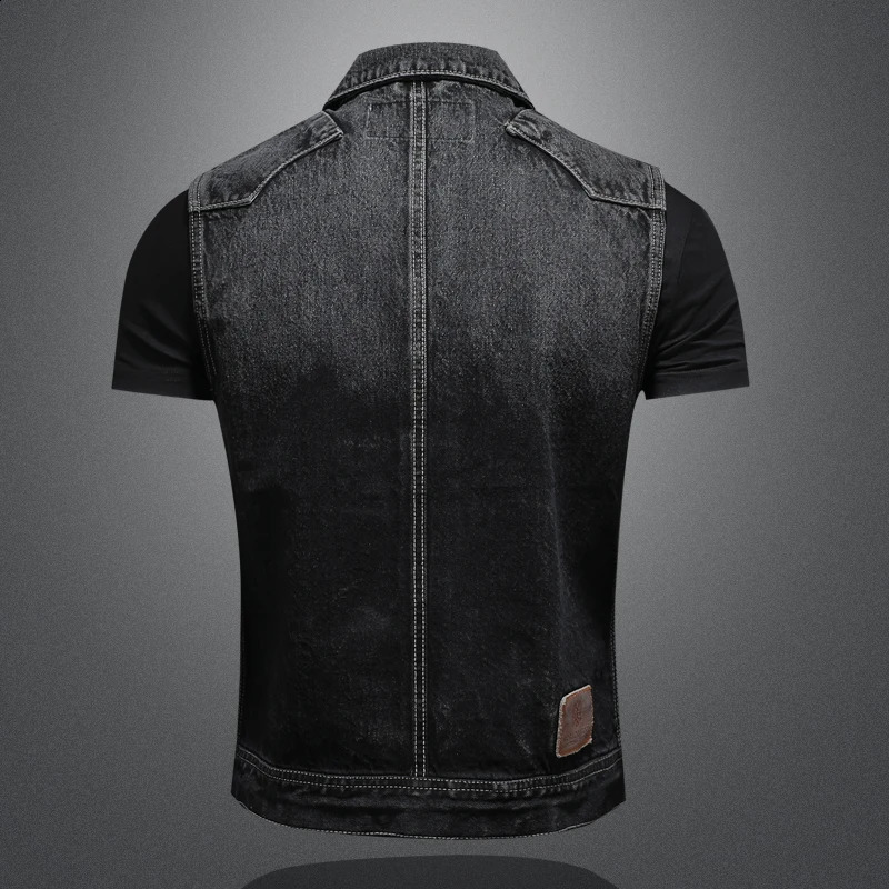 highend heavyduty motorcycle retro fashionable handsome guy with trend black gradient mens denim vest sleeveless S6XL 240827