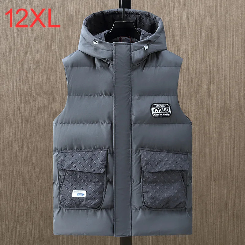 Winter mens thick warm vest Plus size 10XL 12XL fashionable casual solid color black sleeveless jacket large 11XL 240827