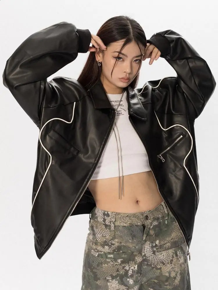 Tawaaiw Zipper Spring Autumn Pu Leather Jacket Womens Loose Jacket Womens Neutral Street Motorcycle Jacket Oversized Y2k 240827