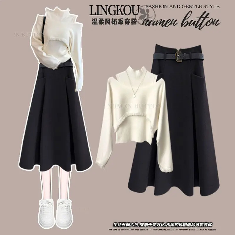 Autumn and Winter Fashion Womens Clothing Set Knitted Hoodie High Collar Tank Top Weight Loss Half Skirt Three Piece 240827