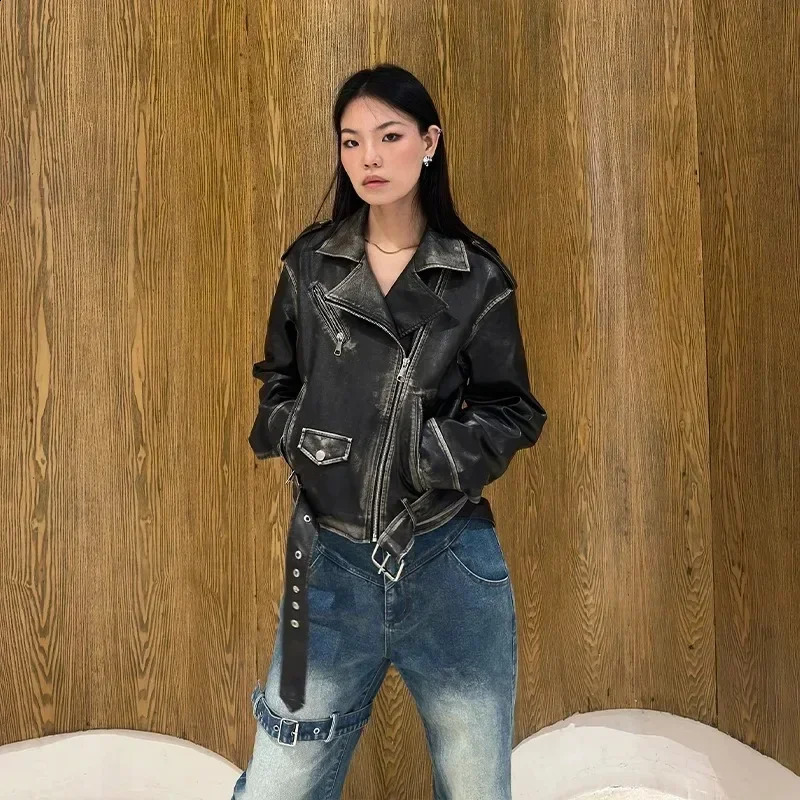 Womens streetwear vintage leather jacket retro bicycle jacket spring style womens fashion ultra-thin zipper short top gothic clothing jacket 240827