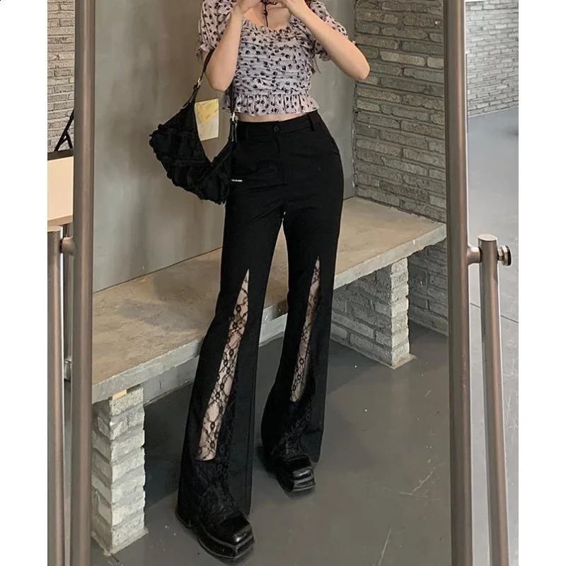 Deeptown Y2k Coquette Lace Flare Pants Woman Gothic Patchwork Baggy Vintage Black Trousers Korean Fashion Straight Streetwear