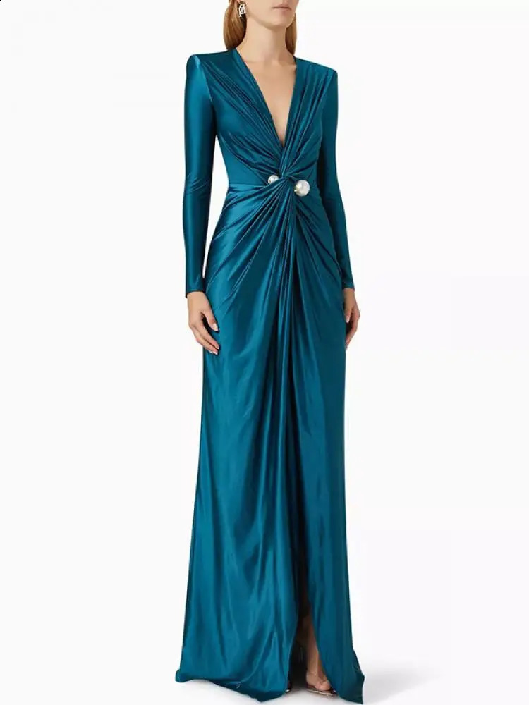 Bohohipei Womens Fashion Waist Deep V-neck Folded Ball Long Sleeve Dress Spring/Summer Elegant Wedding Long Dress 240828