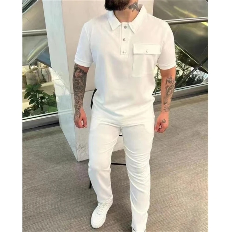 Spring and autumn mens sportswear solid casual loose comfortable mens suit short sleeved polo shirt and pants two-piece set mens suit 240827