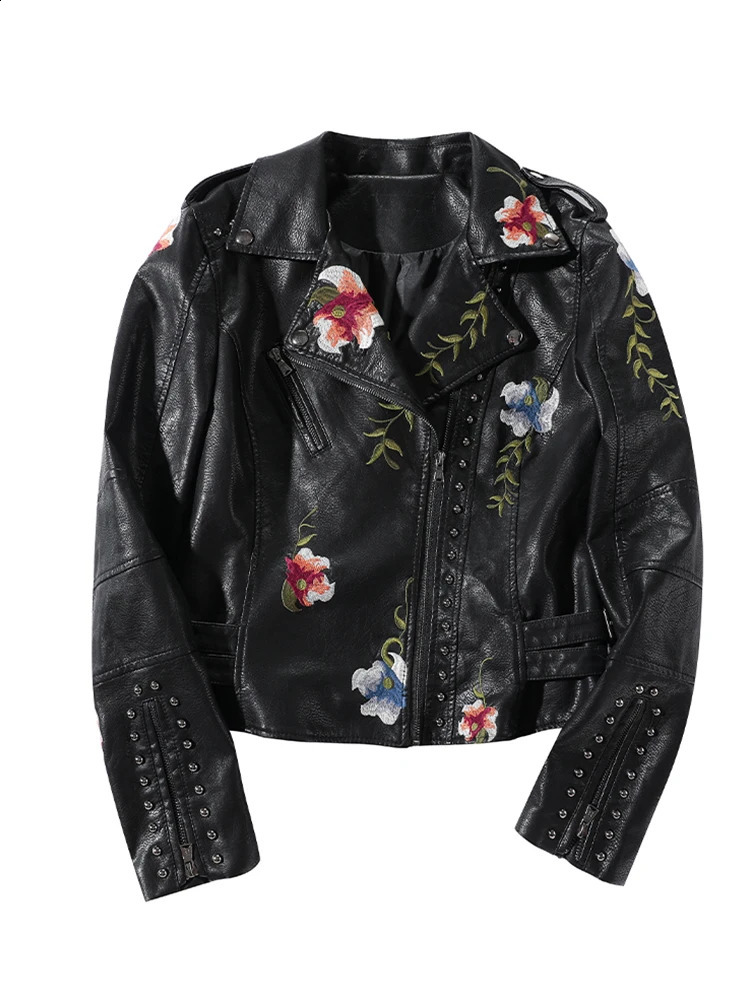 FTLZZ Spring Autumn Womens Bicycle Leather Jacket Flower Printed Embroidered Pu Leather Jacket Collar Zipper Jacket 240827
