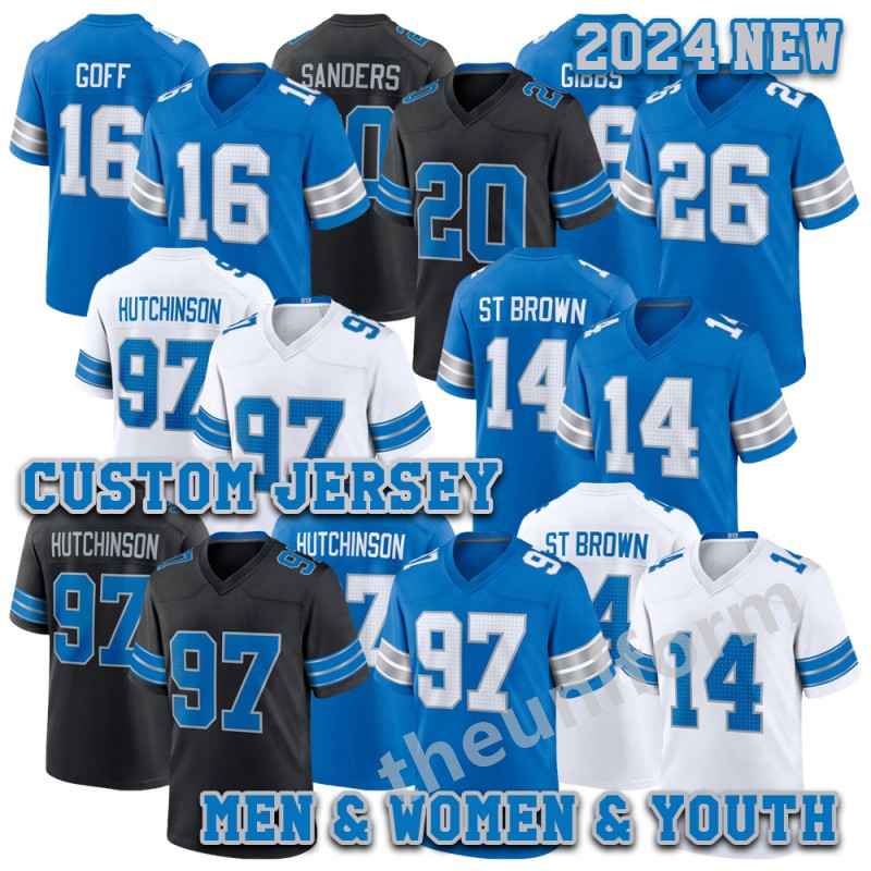 2024 New 26 Jahmyr Gibbs Football Jerseys Custom 97# Stitched Amon-Ra St Brown Barry Sanders Jahmyr Gibbs Jared Goff Men Womens Youth Jersey Size S-6XL