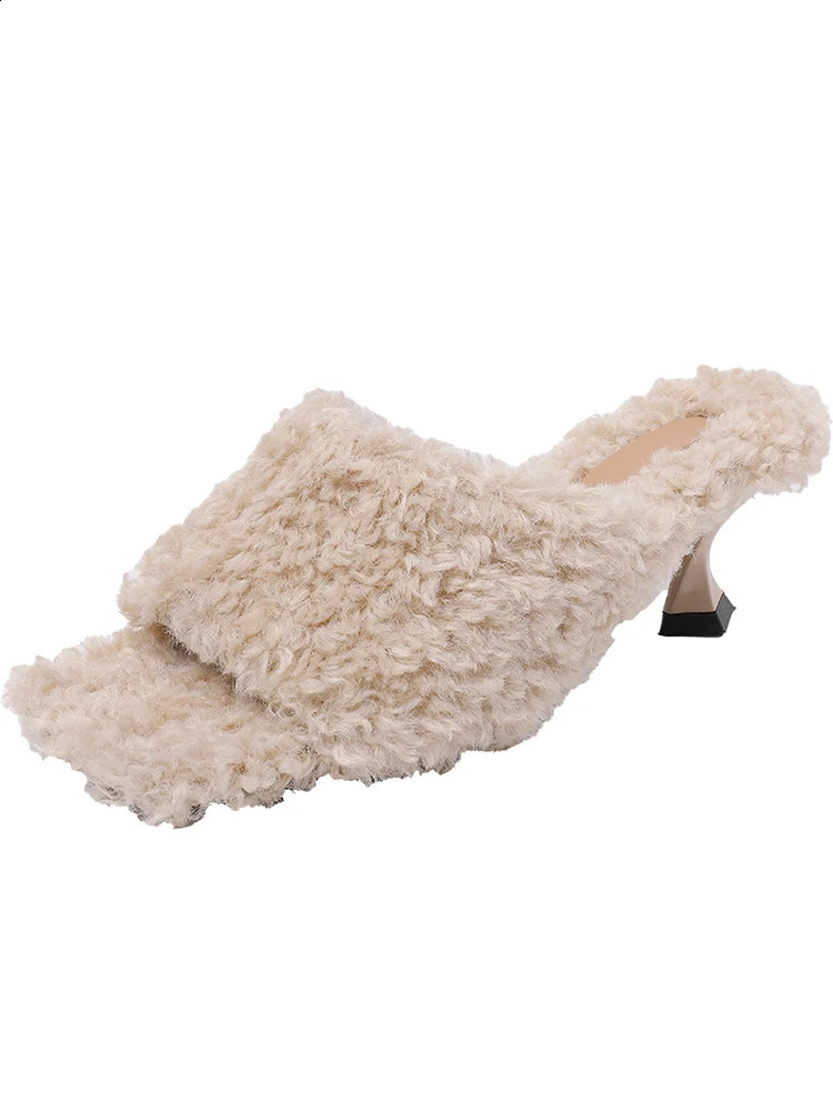 Stiletto high heel square toe slider womens shoes spring/summer warm mid heel shoes 240827