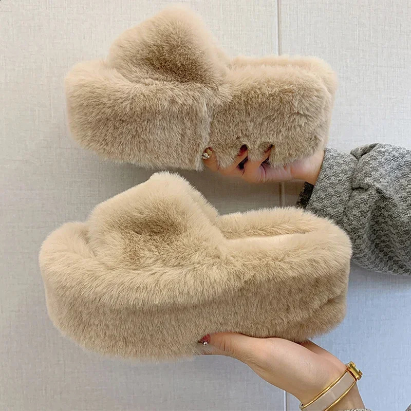 Womens high heels fur slider winter shoes 2024 plush warm flip platform mule cotton shoes pump womens boots 240827