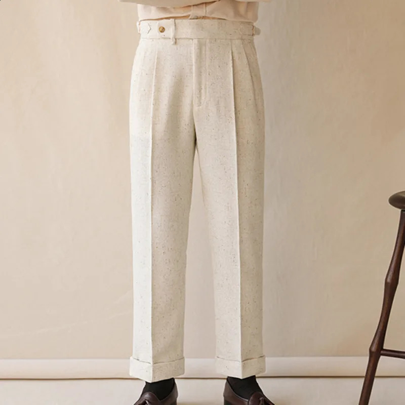 High quality casual high waisted straight leg mens winter Parisian button up mens business mens pants Naples gentleman suit pants 240828