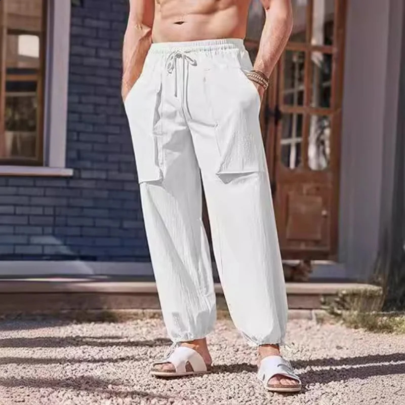 Mens summer linen loose drawstring long legs large-sized casual vacation pants thin straight leg pants 240828