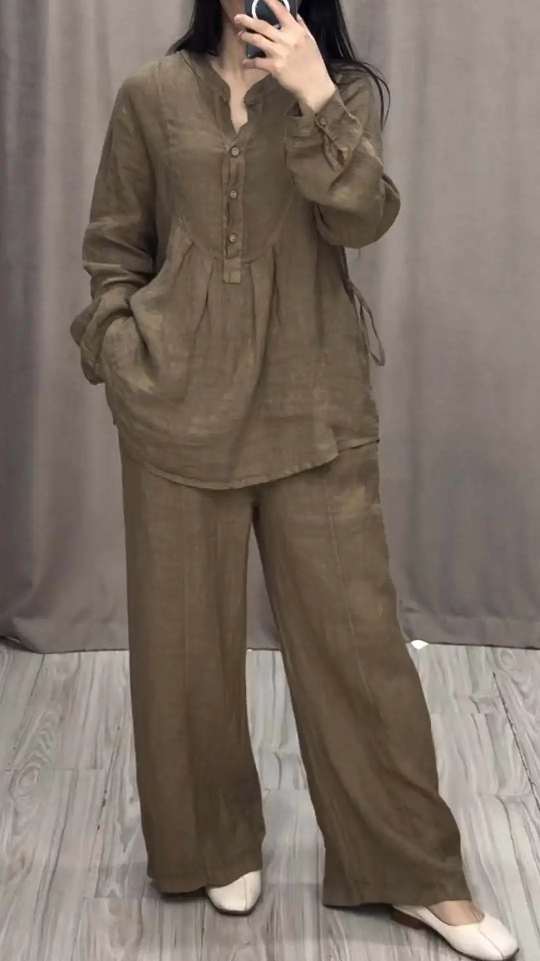 Cotton and linen 2pieceset womens half open collar button long sleeved loose shirt wide leg pants 2piece set mens 240827