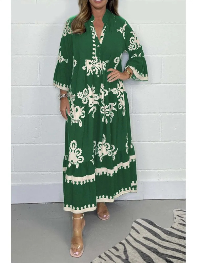 Womens Printed Loose Ethnic Retro Dress Spring and Autumn V-neck Button A-line Long Dress Summer 3/4 Sleeve Bohemian Long Dress