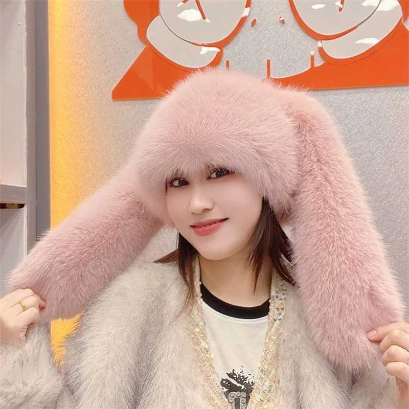 Autumn and Winter Women Stay Warm Artificial Fox Fur Long Eared Potted Hat Womens Fashion Leisure Party Music Festival Thick Fighting Hat W240827