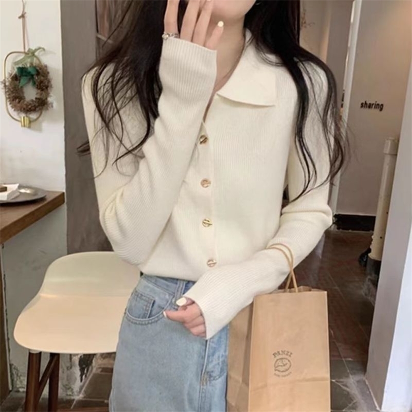 Summer Loose Casual Korean Retro Womens Shirt Solid Color Simple Button Collar Long Sleeve Y2K Fashion Top 240827