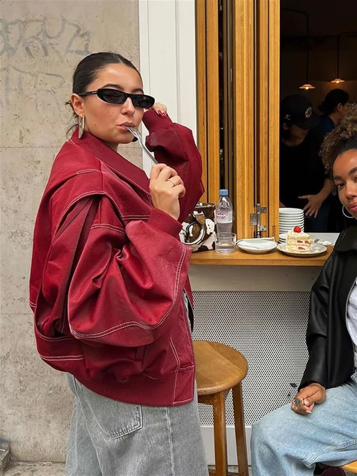 Womens collar red leather jacket loose solid jacket fashion comparison patchwork jacket long sleeved autumn/winter womens clothing 240827