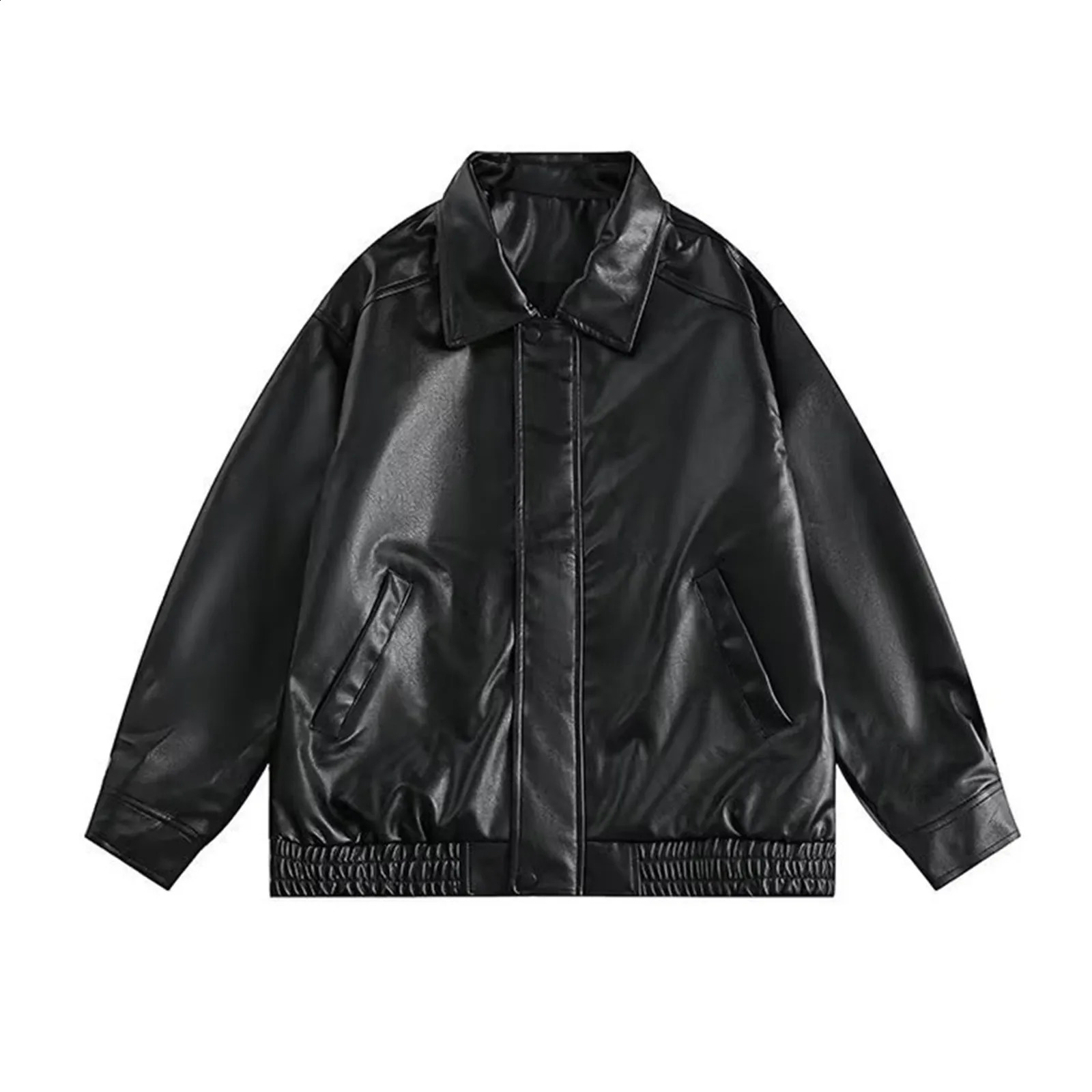 Womens fashionable long sleeved oversized leather jacket retro button and zipper leather jacket solid color street jacket 240827