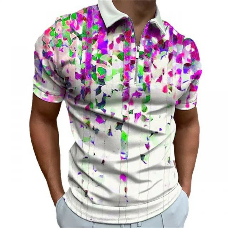 European and American mens zipper polo shirt lapel short sleeved fashionable casual 3D printed Tshirt 240828