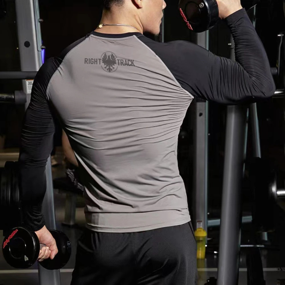 mens long sleeved fitness suit two tone damping tight fitting sportswear Righttrack milk silk fabric 240827