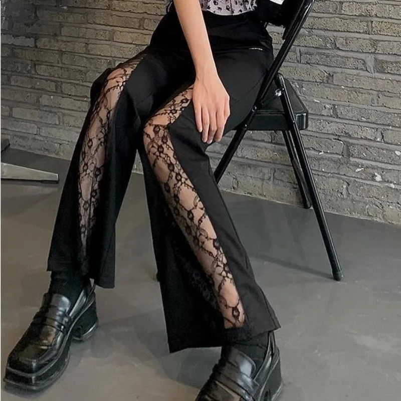 Deeptown Y2k Coquette Lace Flare Pants Woman Gothic Patchwork Baggy Vintage Black Trousers Korean Fashion Straight Streetwear