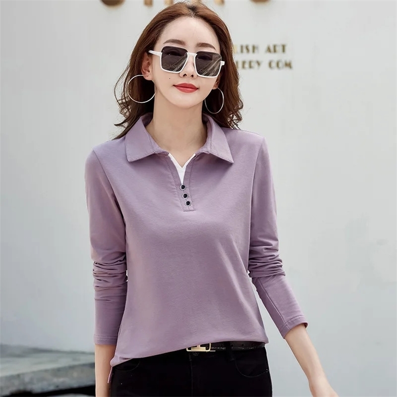 Korean Fashion Autumn Womens Polo Shirt Cotton Long Sleeve T-shirt with Button Solid Candy Color Knitted High Quality Womens Polo 240827