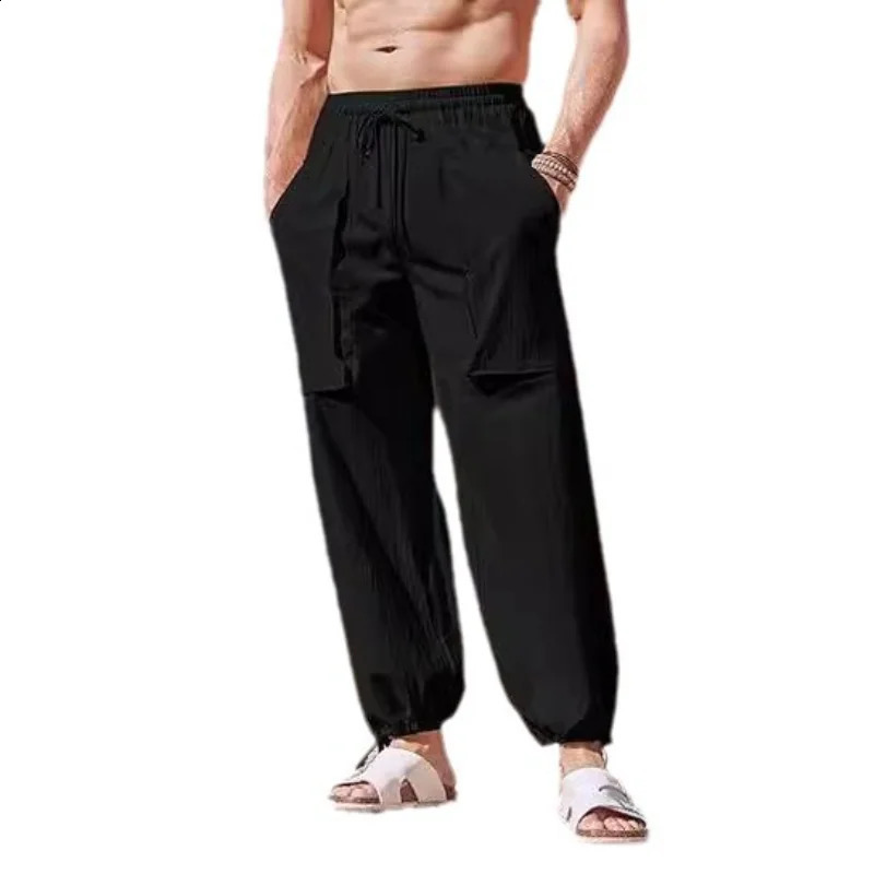 Mens summer linen loose drawstring long legs large-sized casual vacation pants thin straight leg pants 240828