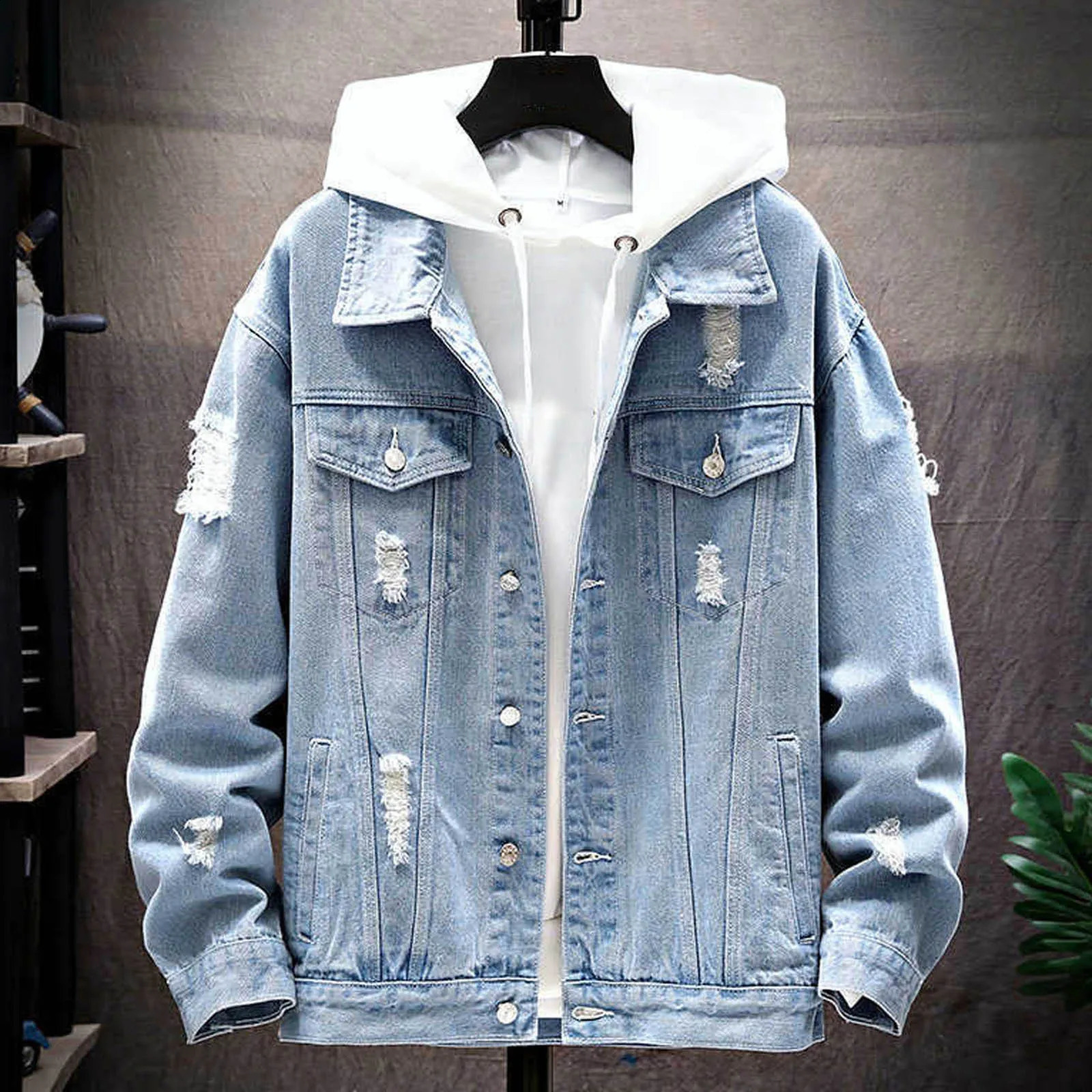 Summer and autumn mens denim jacket casual solid collar single chest jeans regular tear hole cotton 240827
