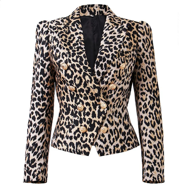Womens jacket summer leopard print womens jacket Korean fashion double chest slim fit jacket high-quality long sleeved top 240827