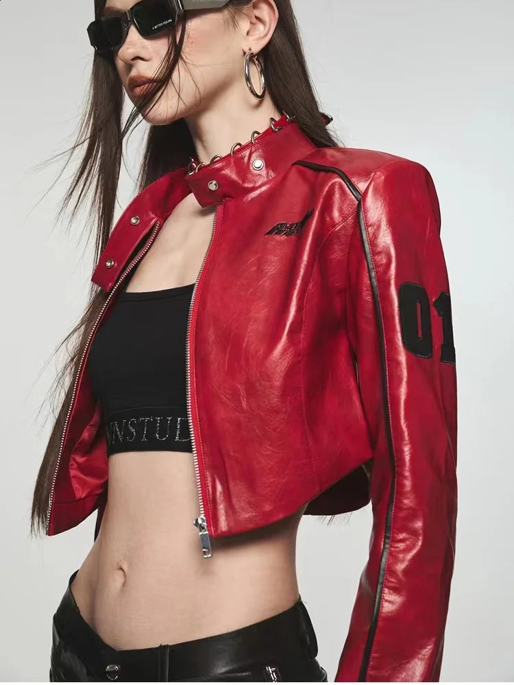 Womens artificial leather jacket with letter printing red short PU leather jacket autumn and winter womens casual street jacket outerwear outerwear 24
