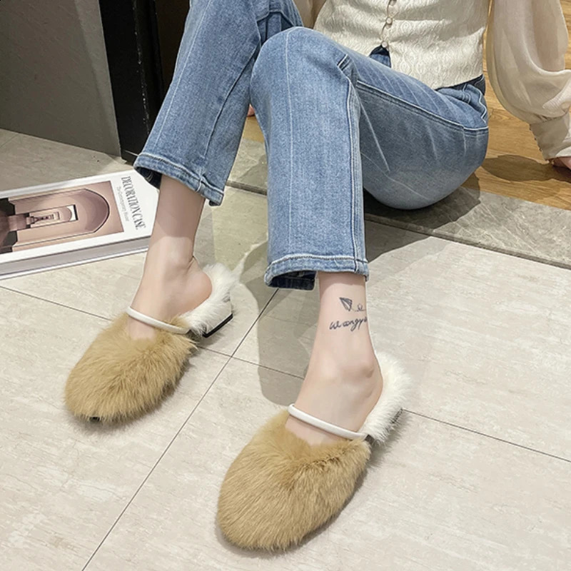 Rimocy comfortable soft fur mule slider womens autumn and winter square high heels warm plush slider womens high heels artificial fur slider 240827
