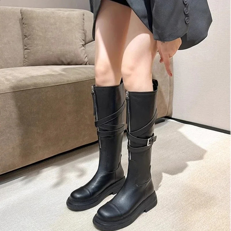 Womens Shoes High Quality Zip Womens Boots Fashion Belt Buckle Modern Boots Women Round Toe Knee-High Boots 240826