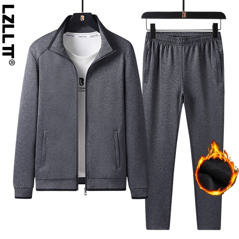 Winter mens casual wool sportswear 2-piece track suit mens sportswear running outdoor set mens jogging pants jacket set 7XL 240827