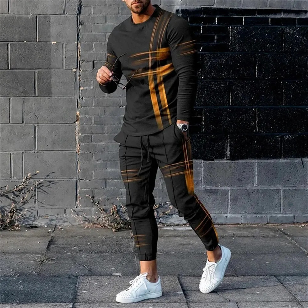 Mens sports shirt pants 2-piece set O-neck long sleeved sports shirt mens sports shirt 240827