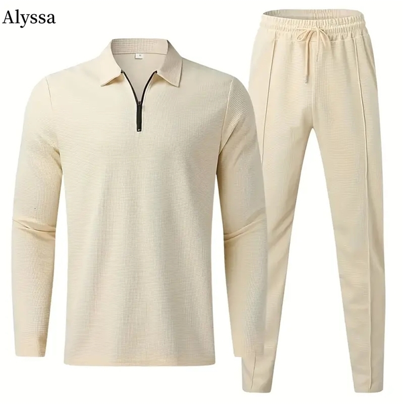 Mens casual business waffle fabric short sleeved zipper polo top and brushed waffle pants set clothes top and T-shirt 240827