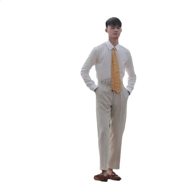 Italian style casual high waisted straight leg pants comfortable and breathable for men Parisian buckle Trouser elegant and trendy 240828