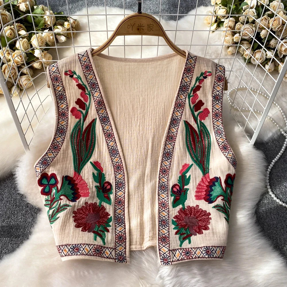 Crochet top embroidered fancy vest knitted womens V-neck folk fashion womens retro spring and autumn versatile dress 240828