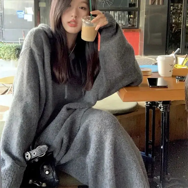 Korean Vneck twopiece skiing sweater casual womens knitted pullover high waisted fashionable winter clothing 240827
